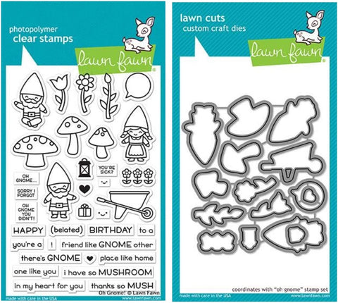 Lawn Fawn Oh Gnome! Clear Stamp Set and Matching Lawn Cuts Die Set (LF1880, LF1881) Bundle of Two Items