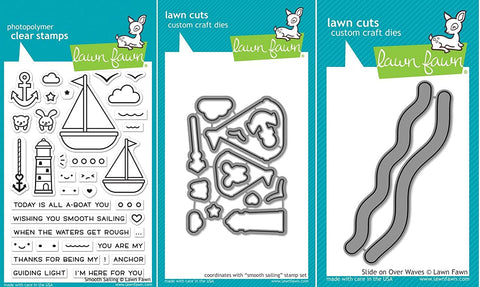 Lawn Fawn Smooth Sailing Stamp and Die Set & Slide On Over Wave Dies - Bundle of 3 Nautical Sailboat-Themed Items
