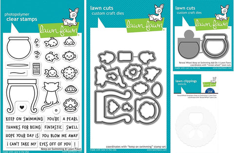 Lawn Fawn Keep On Swimming Set - Fishbowl-Themed Stamps, Dies, Reveal Wheel Add-On Die and Templates - 4 Items