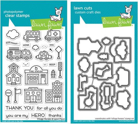 Lawn Fawn Village Heroes 4x6 Clear Stamps and Coordinating Dies, Bundle of 2 Items (LF2327, LF2328)