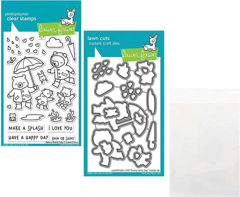 Lawn Fawn Beary Rainy Day 4"x6" Clear Stamp Set and Coordinating Dies (LF2774, LF2775) Plus 1 Stamp/Die Storage Pocket, Bundle of 3 Items