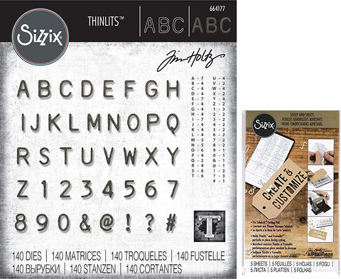 Tim Holtz Alphanumeric Label Font Thinlit Wafer-Thin Dies and Mini Sticky Grid Alignment Sheets - 2 Items