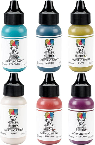 Dina Wakley - 2018 Heavy Body Acrylic Paints - One Ounce Bottles - Eggplant, Marine, Olive, Sedona, Buff & Peacock - 6 Bottle Set