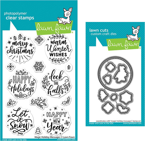 Lawn Fawn Magic Holiday Messages 4”x6” Clear Stamp Set and Coordinating Lawn Cuts Dies, Bundle of 2 Items (LF2676, LF2677)