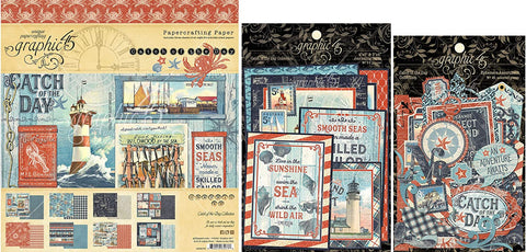 Graphic 45 Catch of The Day - 8x8 Paper Pad, Cardstock Die-cuts, Ephemera with Storage Pocket